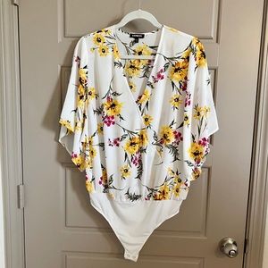 Express White and Yellow Floral Bodysuit